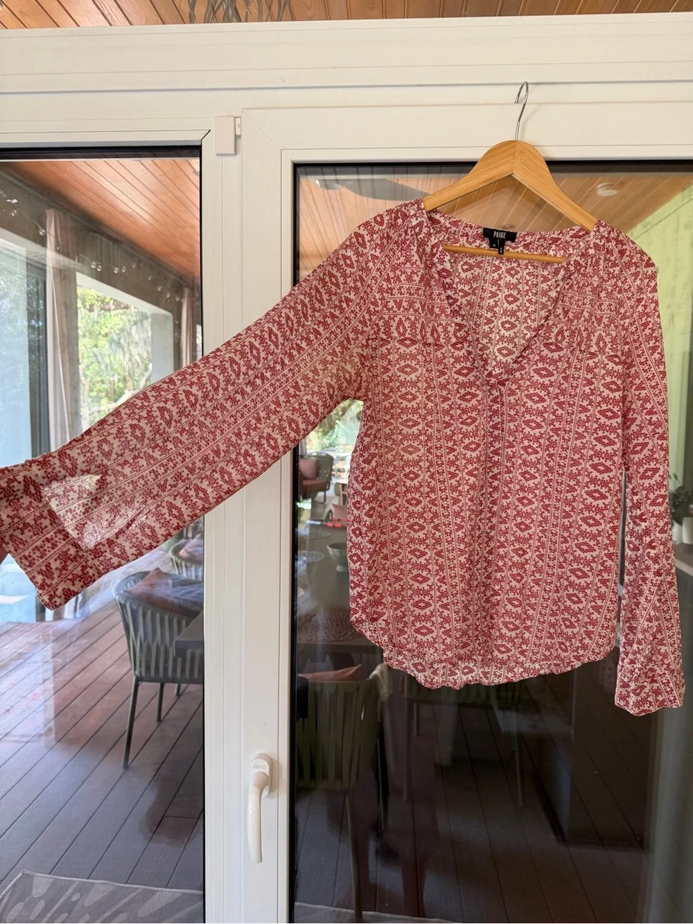 PAIGE Red and White Printed Long-Sleeve V-Neck Blouse